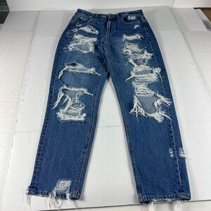 American Eagle Jean Women 28x25* Mom High Rise Crop Blue Distressed Denim Tag 4R